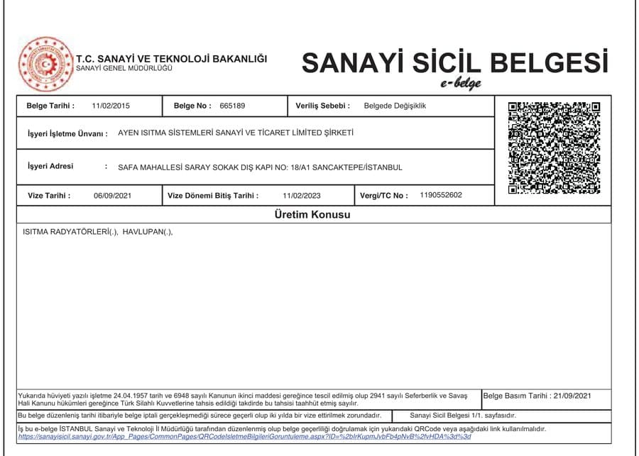 Industrial Registry Certificate
